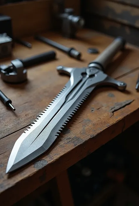 A silver sabre ,  with saw teeth ,  on top of a tool bench.