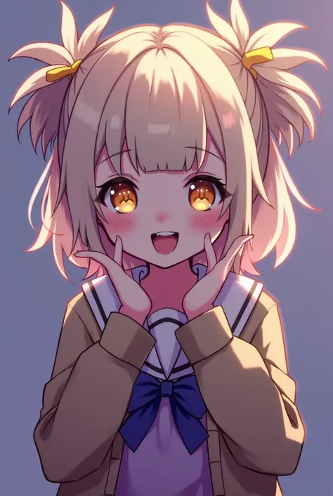  1 girl, toga_Himiko, Alone, double _good, Blonde_her, yellow_Eyes, her_good, Teeth, bangs, tongue, School_uniform,  blunt_bangs, slot_Pupils, looking_at_ viewer ,  messy _her, Strickjacke, smile, tongue_from, open_mfromh, just_ -sleeve , Blood, sailor uni...