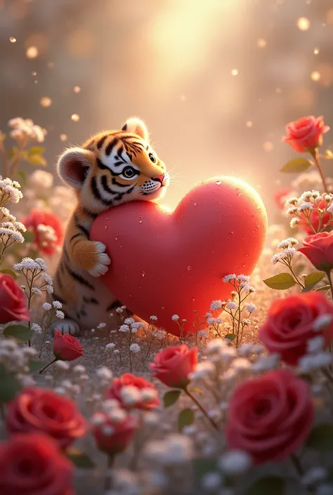 Heart with babys breath and red rozes en lights fluffy tiger for the heart