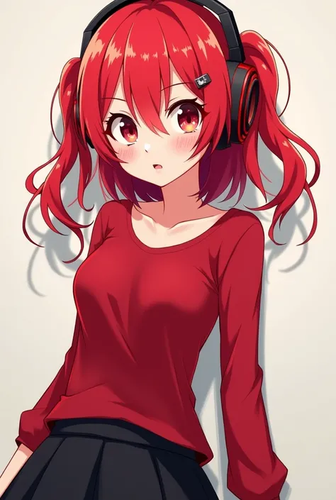 Red anime girl  with  red ear phone with red clothes and black skirt 