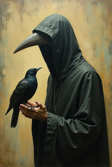 painting of a plague with a bird on his hand, by Andrew Ferez, by Santiago Caruso, inspired by Santiago Caruso, style of santiago caruso, inspired by Andrew Ferez, aaron horkey, the plague doctor, plague doctor, peter gric and dan mumford, aaron horkey sty...