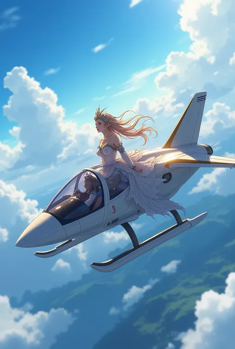 Anime princess in the rotorcraft with her pilot. Background is the sky. Setting in the fantasy world.