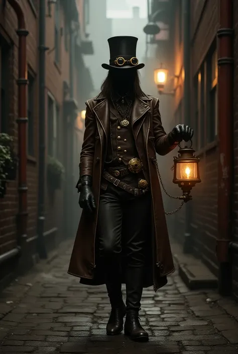 dimly_lit, fog-shrouded_alley, mysterious_Alley, Victorian-inspired_steampunk_outfit, leather_and_brass, intricate_gears, cogs, clockwork_mechanisms, worn_top_hat, brass_goggles, polished_lantern, eerie_glow, rusted_pipes, ancient_brick_walls, steam_vents,...