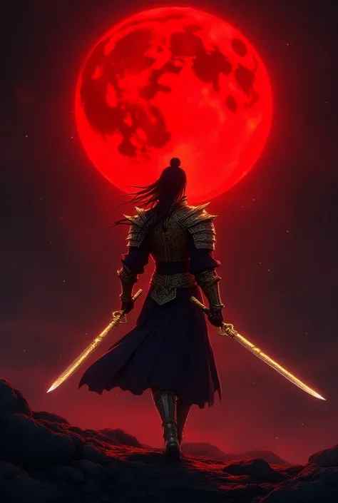 The warrior man is Long Haochen from Shen Yin Wang Zuo anime. He’s walk on the dark sky with the red full moon. the swords on the both hands. the armor is gold light color, so the lighting is appear on the ground and back near the moon. 