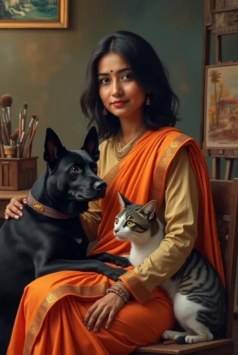 Indian art lover,  art teacher and a Artist as well. I have straight wavy curl hair I wear punjab I suit and my black dog and white grey spot cat will be usual around me, wears small bindi.. I sit in a chair surrounded with art material, caves, paintings 