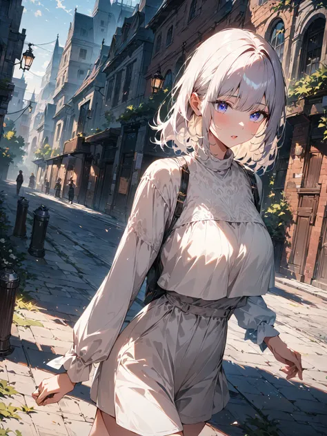 1 girl, busty, 

Minimalist fashionista in all-white ensemble, walking confidently down urban sidewalk, architectural elements in background, high contrast lighting, 

a bewitching atmosphere, detailed textures, high quality render, 
(highest quality, 4k, ...