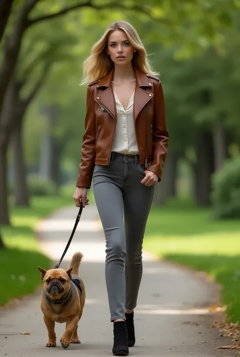 A photorealistic image of a 25-year-old American model girl with blonde hair, walking with dog in park and wearing brown jacket with gray pants and black heels, focus on cloths