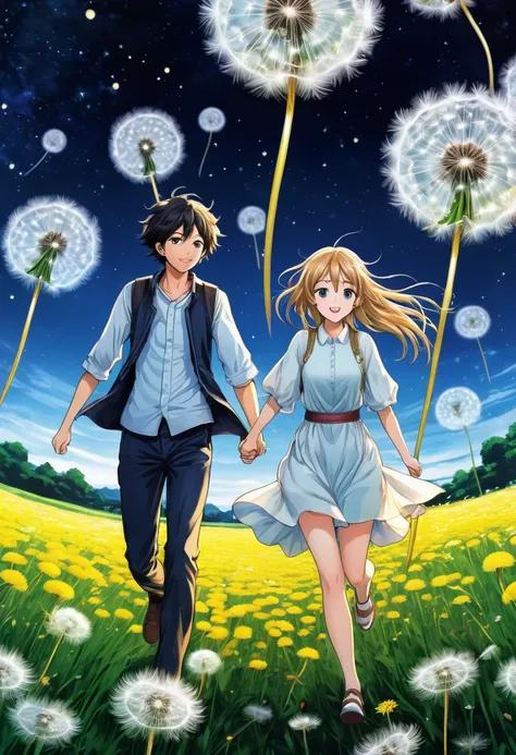 Couple Photos, Midea,  A young woman and a young man are running hand in hand in a field of dandelion at night, by artist  "Anime",  ANIMATION KEY VISUALS, Japanese Manga, Pixiv, Zero-chan, Anime Art, fantia