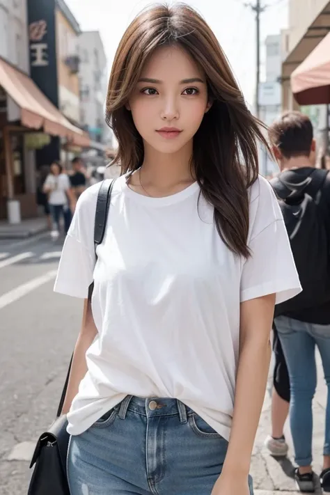 "Create a visual composition of a woman wearing casual clothes, captured with a medium-quality image, simulating the characteristics of a popular smartphone. The scene should be softly lit, ensuring a realistic and detailed representation. The woman should...