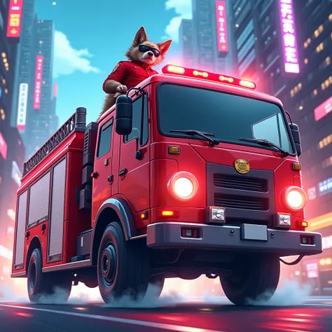 fire truck、Wolf、Soldier、cute、 anime style、sunglasses