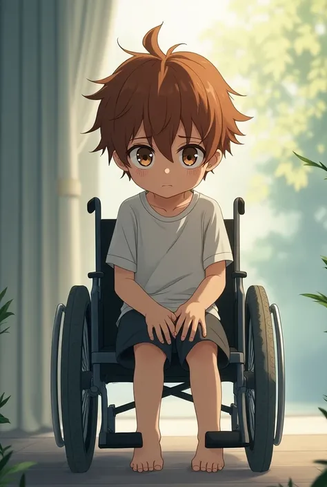 An anime character in sitting in a wheelchair,  the boy has bright brown hair and eyes. He has a sad expression  