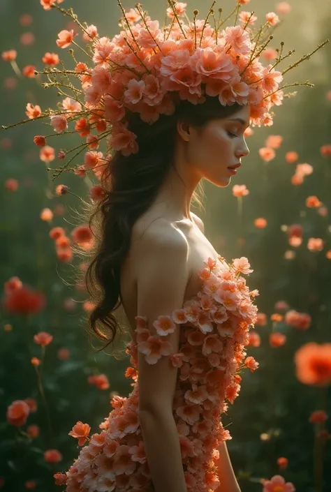 a beautiful woman made of flowers, delicate floral figure, intricate flower petals, detailed floral body, ethereal flowery woman, dreamy flower maiden, gorgeous flora female, captivating botanical girl, enchanting flower lady, stunning floral humanoid, lus...