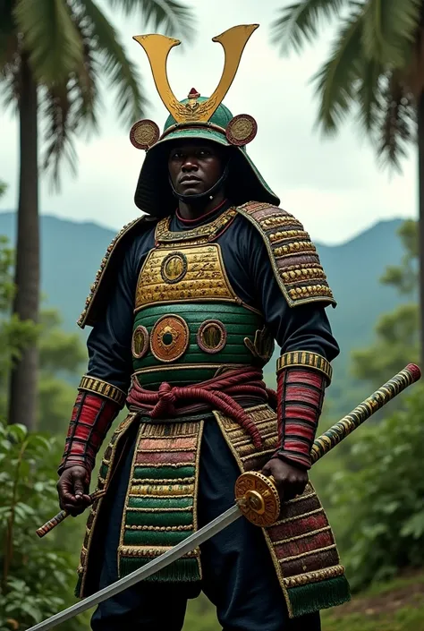 Make a samurai wearing armor based on the colors of Guyana