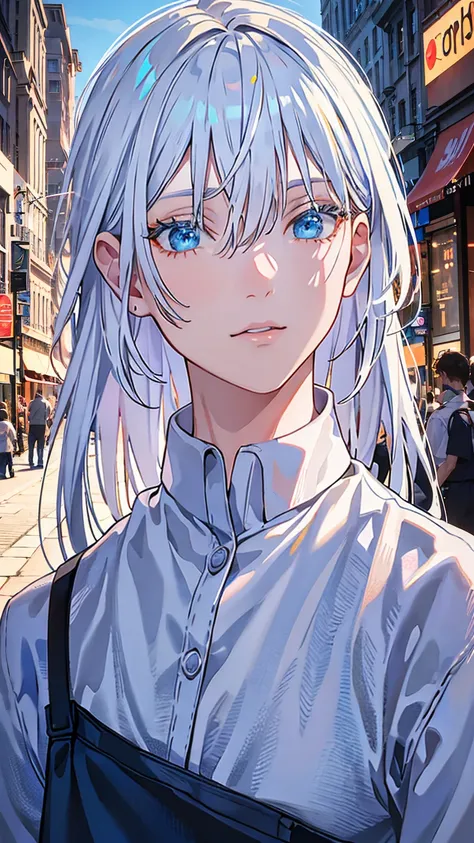 A man with white hair and blue eyes, dressed casually, standing in the middle of a city street, (best quality,4k,8k,highres,masterpiece:1.2),ultra-detailed,(realistic,photorealistic,photo-realistic:1.37),detailed facial features, beautiful detailed eyes, b...