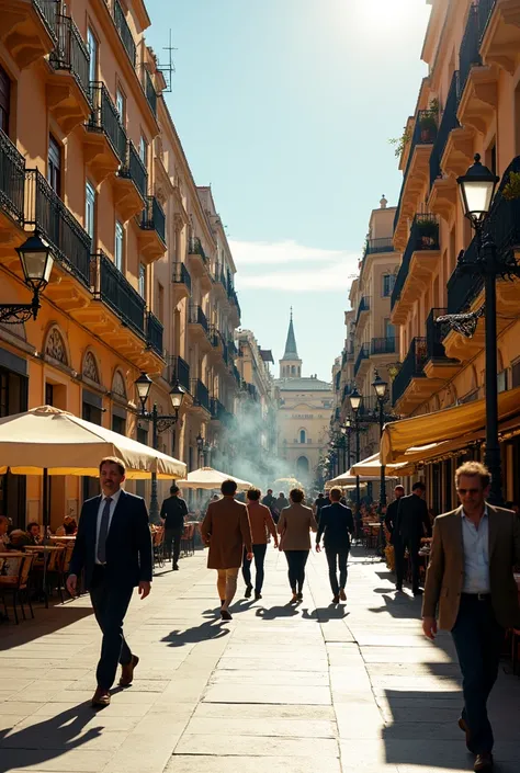 create a photo of an avenue or square in Malaga, Spain, at midday. There are people on the street, cars, typical city movement. the weather is early November at noon, on a slightly cold day.