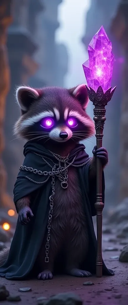 A photo of a fluffy baby raccoon with dark robes, a mask, and a unique staff with a crystalline structure emitting a purple light. The raccoon has glowing dark purple eyes. Chains, with a similar glow, wrap around the raccoon. The background contains dimly...