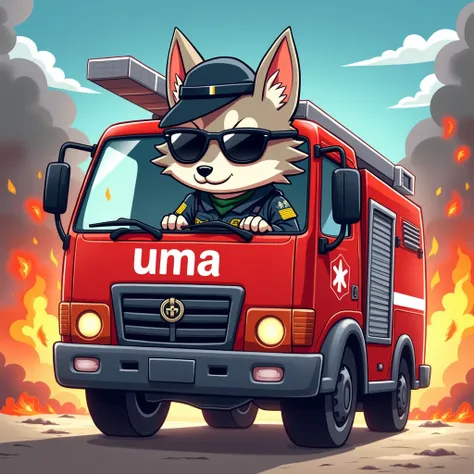 fire truck、Wolf、Soldier、cute、 anime style、sunglasses、fire truckにuMa のロゴ