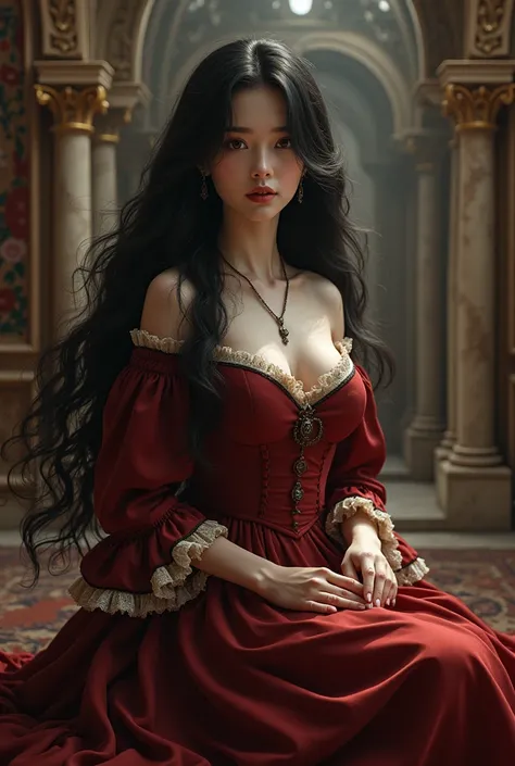  create an image of a dark-haired and pale-skinned maiden, with a Renaissance look 