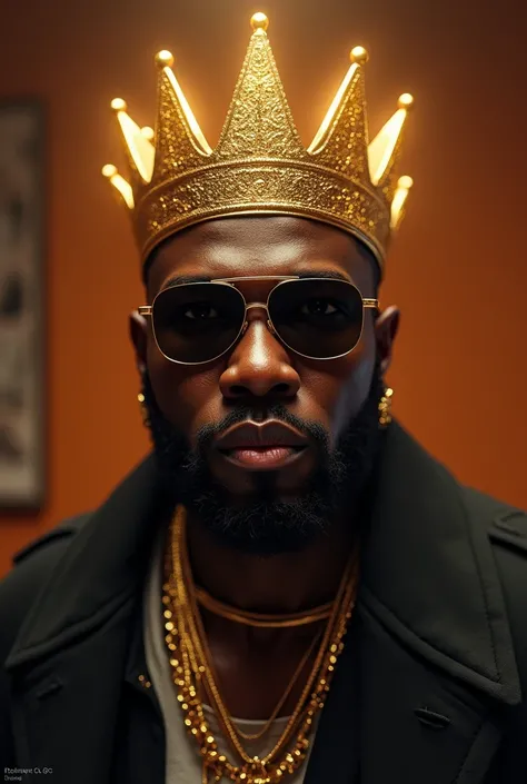 Notorious B.I.G with a gold crown on his head, standing in a recording booth, High Resolution, Looking at viewer, Closed Mouth, black sunglasses, Masterpiece, Best Quality, High Resolution, High Details, Super Detailed, Textured Skin, UHD, Smirk, Wide-Angl...