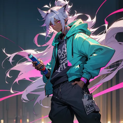 1male, young adult, dark skin, finely detailed plum eyes, messy top bun, wild long hair, grey hair color with blue highlights, designer hoodie, baggy pants, standing on street, night time, tokyo streets, excited expression, muscular, tattoos, holding soda ...