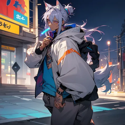 1male, young adult, dark skin, finely detailed plum eyes, messy top bun, wild long hair, grey hair color with blue highlights, designer hoodie, baggy pants, standing on street, night time, tokyo streets, excited expression, muscular, tattoos, holding soda ...