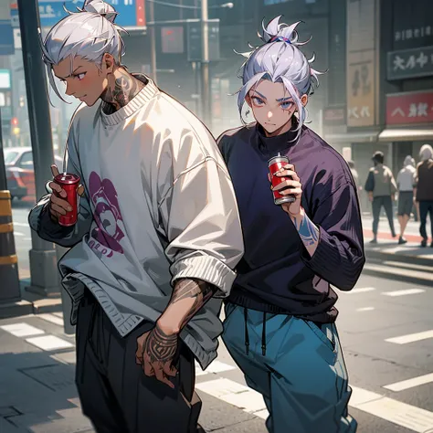 1male, young adult, dark skin, finely detailed plum eyes, messy top bun, wild long hair, grey hair color with blue highlights, designer long sleeve sweater, baggy pants, standing on street, day time, tokyo streets, excited expression, muscular, tattoos, ho...