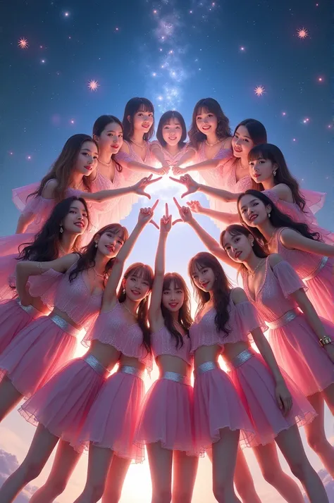  A group of 12 girls representing a K-pop group called Starlights. They are forming a star with their fingers in a united team pose .  The members must reflect diversity : some with Korean features ,  others with Japanese features and the others with Latin...