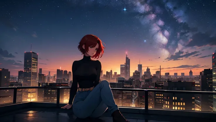 "A young woman with short, red hair sits on the edge of a rooftop at night, gazing out over a quiet cityscape illuminated by distant city lights. She is wearing a white turtleneck and jeans, with her legs casually folded beneath her as she holds a cigarett...