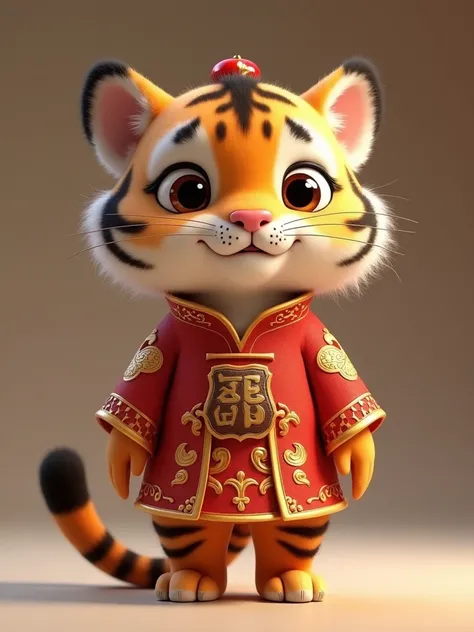 A super cute little anthropomorphic tiger in a Hanfu in pixar style,standing,big charming eyes,cute tail,standing,Rotate at 15° to show the left, right and back sides of the tiger，super realistic,super detail,luxurious,elegant,complex,gorgeous,Unreal Engin...