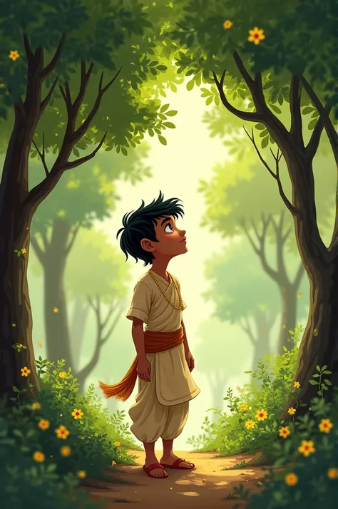 Illustration of a young boy named Arpit in an Indian village, surrounded by green trees, looking at them with love and affection."