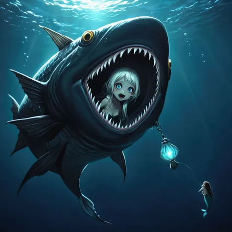 Deep in the ocean, a scary sexy mermaid approaches. Much like an angler fish she has a glowing lure dangling from her forehead, huge dark eyes, and an enormous toothy mouth
