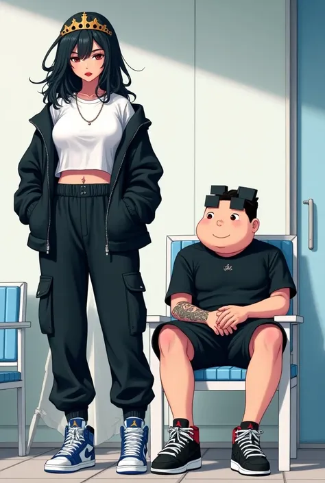 make me a 2D anime picture of a beautiful woman, black hair, pointed chin, sexy red lips, wearing a white t-shirt, black hoodie, black cargo pants, wearing a princess crown, wearing blue and white Air Jordan shoes, standing full body in front of the man wh...