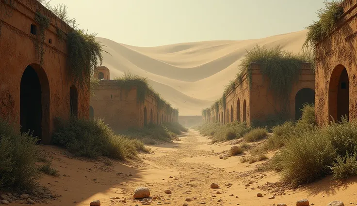 Overgrown Pathways**: Deserted village pathways partially overtaken by desert plants and sand dunes, creating a haunting visual. Dark realistic hd horror 