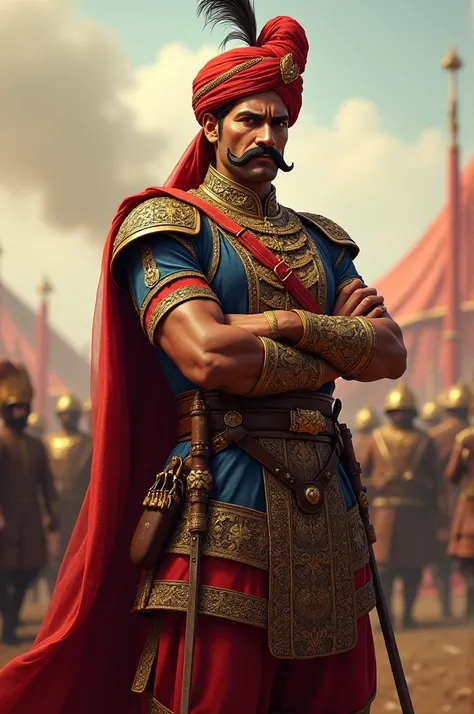 Create an image of Peshwa Bajirao, a legendary Maratha warrior, shown in a traditional Indian military attire with a determined and strong expression. He is depicted in a regal and heroic stance, in a historical setting, possibly in the backdrop of a battl...