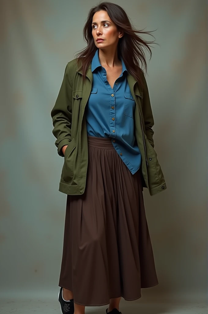 40 year old woman, brown hair, blue shirt, olive green open jacket, dark brown maxi pleated skirt, black sneakers, reddish-grey eyes