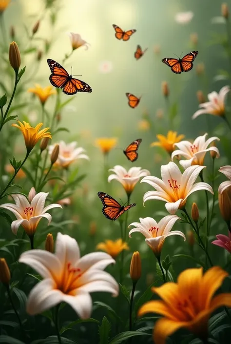 Can you make a phone wallpaper where there is a garden of lilies with many monarch butterfly