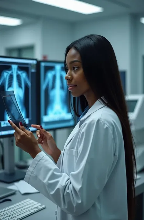 a black woman,  radiology professional ,  wearing a white lab coat ,  is in a modern hospital environment .  She is holding a chest X-ray film in her hands ,  with the visible X-ray image .  The woman has long straight hair , but the face is hidden ,  poss...