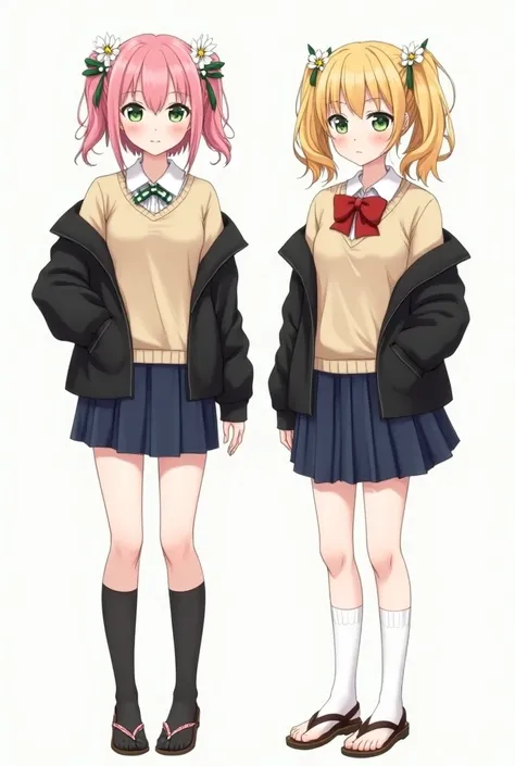  typical high school uniform with black jacket . She has short pink hair , decorado con flores blancas y  divided into two pigtails with green ribbons ,  a curvy body and green eyes .  Wear a typical preparatory uniform with beige jersey ,  underneath a wh...