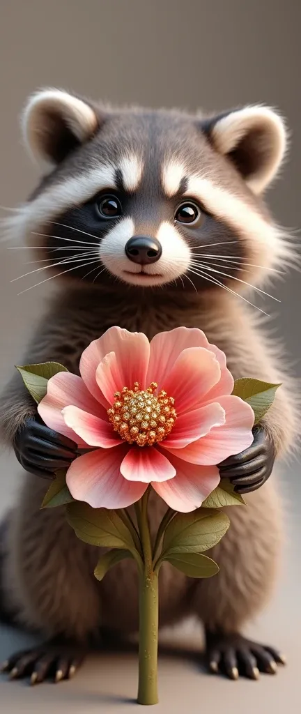 A 3d render of a photo of a cute extra fluffy baby realistic raccoon holding a luxurious floral arrangement. The arrangement features a radiant Hippeastrum blossom with a gold and red diamond and rhinestone centerpiece. Delicate dewdrops glisten on the pet...