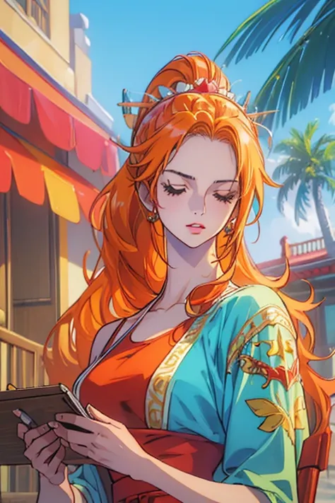  (masterpiece,Best Quality, 4K, 8k,   kampala, masterpiece:1.2), Super detailed, (Realistic, photoRealistic, photo-Realistic:1.37) , Generate Nami in One Piece in anime style , must be created in anime style ,Her hair is bright orange, Beautiful Hair型,  po...