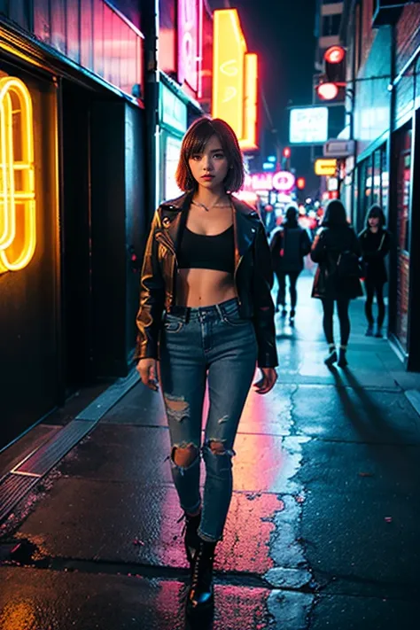 A night scene in a neon-lit city alley with a young woman standing confidently. She has short brown hair, wearing a black leather jacket, crop top, and jeans. Neon signs in blue, pink, and red light up the background, reflecting off her outfit, creating a ...