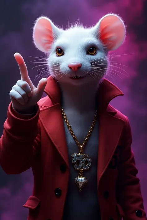  Create maximum realistic ultra quality image , White rat gangster ,  gold necklace with the pirgent of the ruffled diamond alien,  making a gesture shh double silence , red jacket with graphite number 55 color white,  ultra violet canvas background , spec...