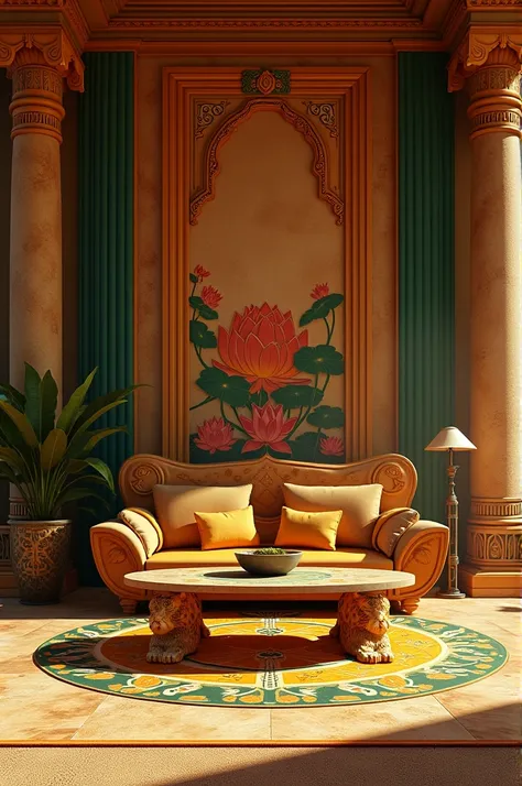 A bedroom in the style of Egyptian civilization 
It has sofas and a table with legs in the form of tiger lion legs
The walls are decorated with lotus flowers and Egyptian symbols 
The earth will be stony 
The colors used are bright orange, yellow, green an...