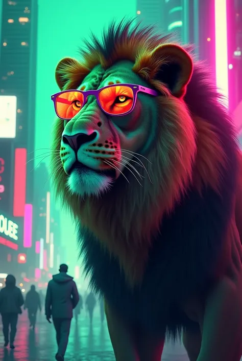 Ciberpunk lion with glasses, colors green violet