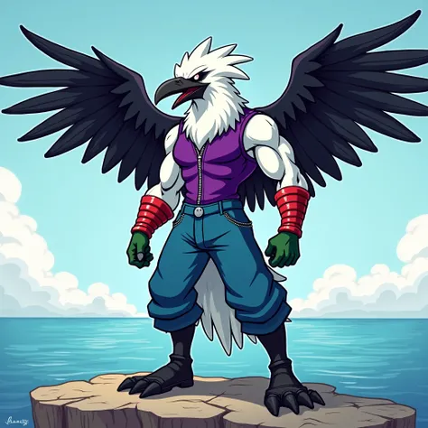  A white muscular winged raven in red metal bracelets, wearing black boots , wearing blue pants ,  in a purple zippered sleeveless sweater, wearing green gloves stands against the sea in cartoon style 