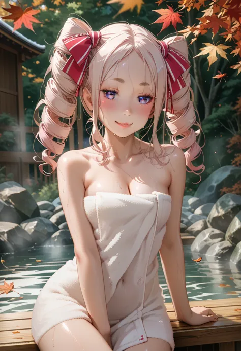 Has long pale hair that is almost creamy，Double-wound ponytails are woven in vertical rolls、beatrice、sweaty skin、 (Highest quality, masterpiece, Ultra-high resolution)、Sweat、blush,Highly detailed face and skin texture, (pink lip)、dynamic pose、flat chest,th...