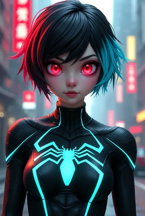 spider-girl,  with very short black hair with a tuft of red hair on the left and a blue one on the right, her black suit with lines and details aqua neon , pale skin and red eyes