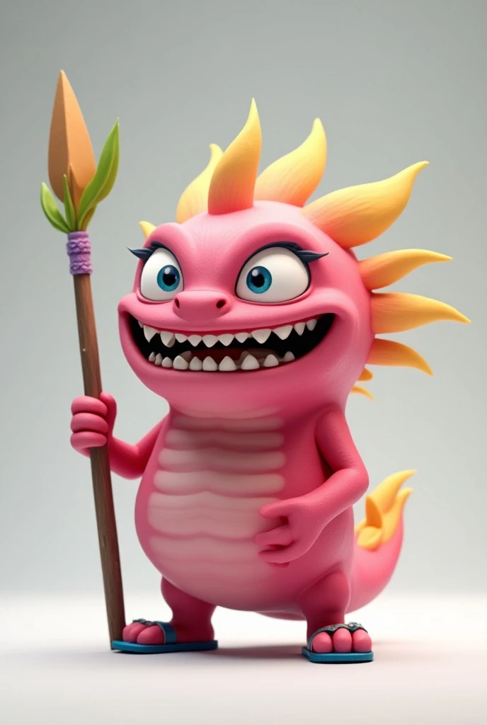 a highly detailed, cgi-rendered cartoon character resembling a dragon fruit, the character has a round, bulbous body with bright pink flesh and spiky, yellow spikes protruding from its surface, its face is exaggerated, with large, expressive blue eyes, a w...