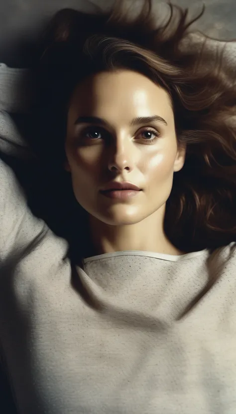 grainy polaroid upperbody photo of natalieportman, laying on the back, looking up at the camera, tight longsleeve shirt, small b...