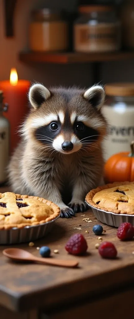 A captivating photograph of a cute, extra fluffy baby raccoon with two homemade pies. One pie has a spooky, grinning face with a dark berry filling. Next to the pies is a small pumpkin. A wooden spoon and a burning candle are on the table. There are jars o...